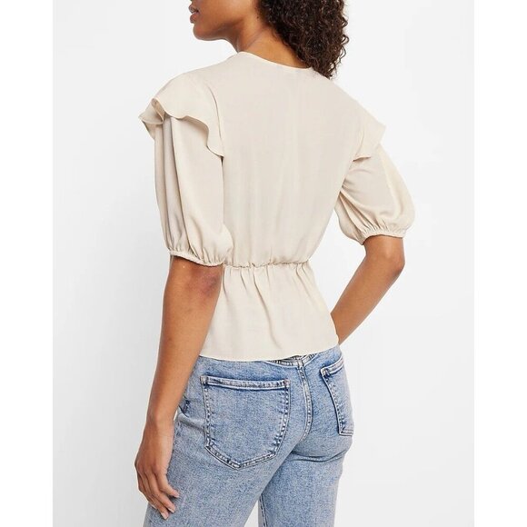 Express Women's Faux Wrap Puff Sleeve Peplum Top Sandshell Size XS - NWT $54 - Picture 3 of 16